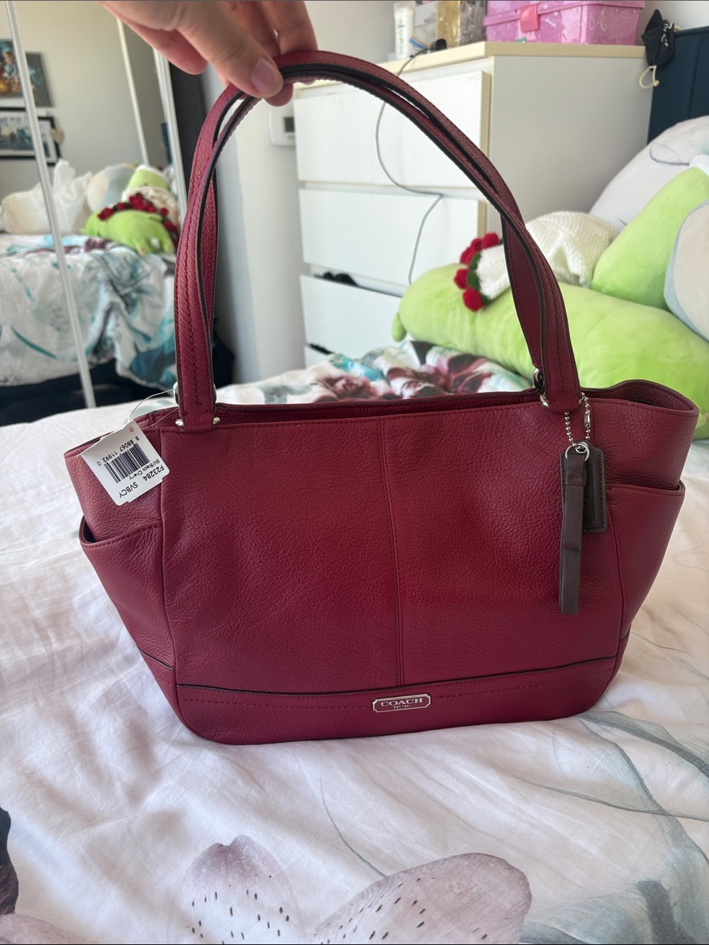 Coach Red Pebbled Leather Carrie Shoulder Tote Bag in Dark Cherry 🍒 NWT